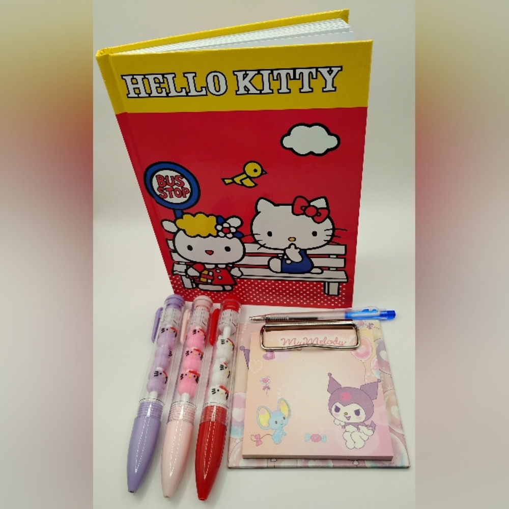 Hello Kitty Hardcover Journal, My Melody Notebook Pad, & 3 Hello Kitty Pens